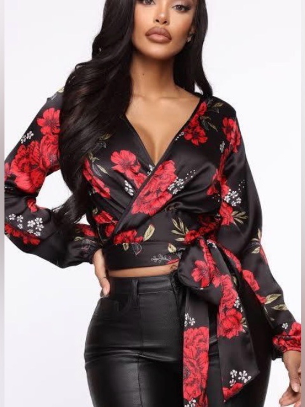 Fashion Nova  Big White Lies Floral Satin Wrap Crop Top - Black & Red size M